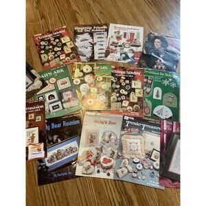 14 Cross Stitch Book Lot Leisure Arts Christmas Teddy Bear Jar Lids VTG 90s 80s